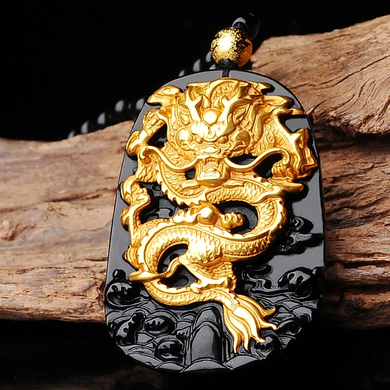 

Подвеска в виде дракона из натурального обсидиана, инкрустированная 18-каратным золотом, для мужчин и женщин, драгоценный подарок со знаком зодиака