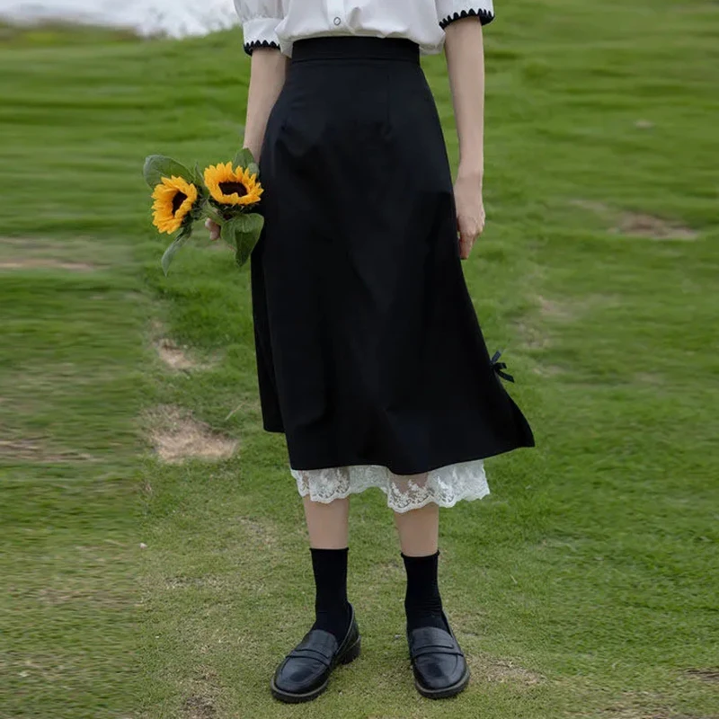 Винтажная Черная кружевная длинная юбка Rimocy женские летние трапециевидные юбки