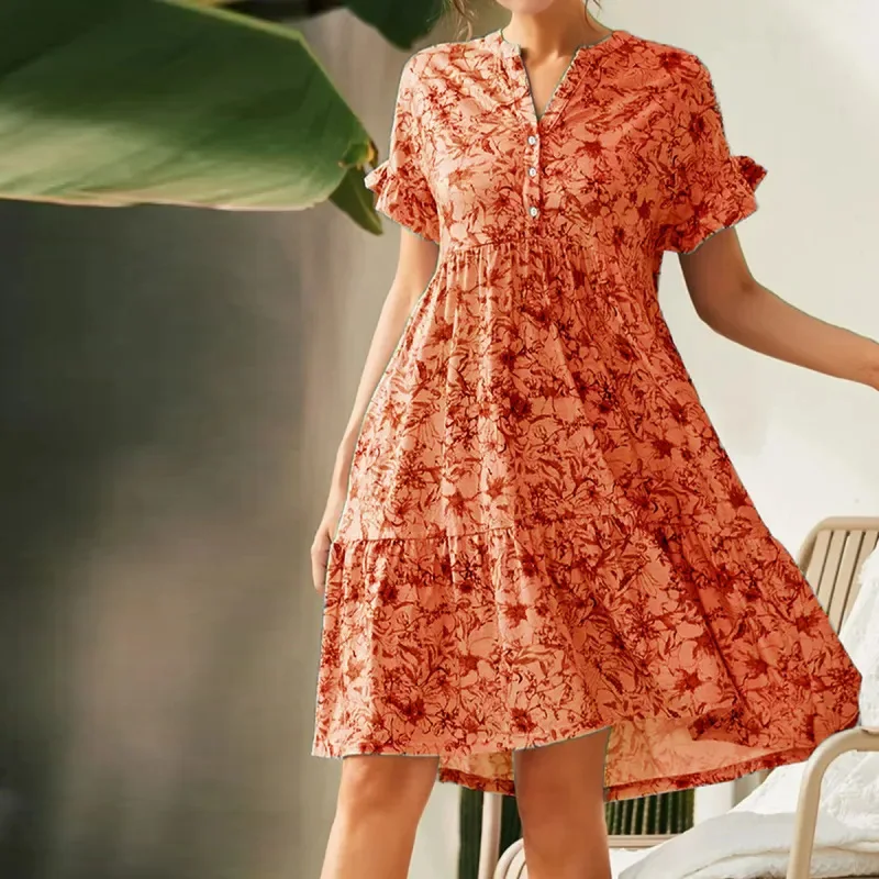 Women's Button V-neck Short Sleeve Fresh Casual Loose Ruffled Midi Dress Robe Sexy Femme 2023 Vestido Festa Luxo Elbise Roupas
Women's Button V-neck Short Sleeve Fresh Casual Loose Ruffled Midi Dress Robe Sexy Femme 2023 Vestido Festa Luxo Elbise Roupas