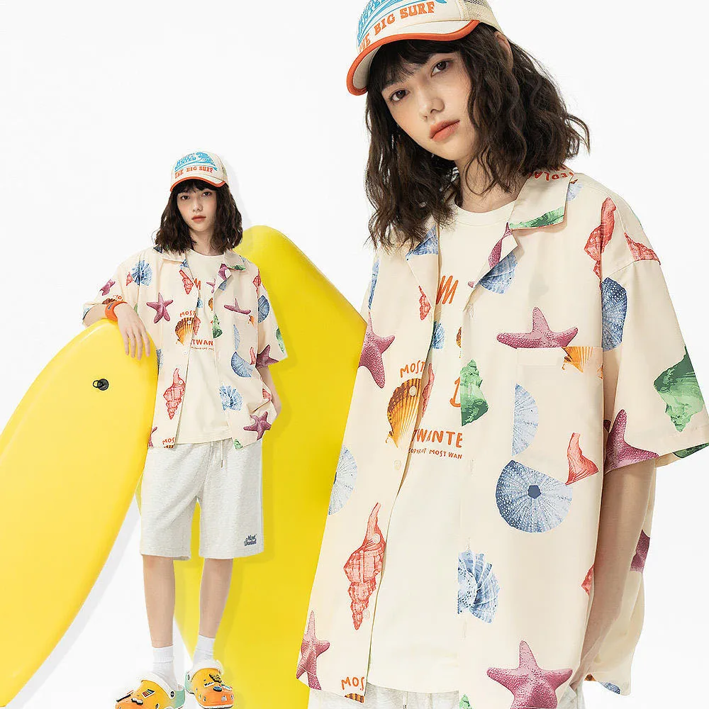 

Couples Cute Colorful Shell Cartoon Shirts Fashion Hawaii Beach Button Up Blouses Summer Short Sleeve Tops Loose Casual Harajuku