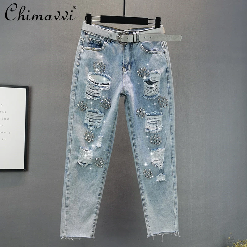 Women Cotton Elastic Thin Light Blue Denim Jeans Lady Loose Slimming Rhinestone Ripped Ankle-length Pants White Sash
Women Cotton Elastic Thin Light Blue Denim Jeans Lady Loose Slimming Rhinestone Ripped Ankle-length Pants White Sash