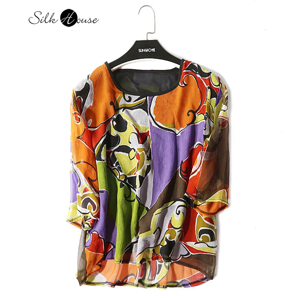 Женский топ из шелка тутового шелкопряда, свободная футболка с рукавом средней длины и круглым вырезом, лето 2022 
Женский топ из шелка тутового шелкопряда, свободная футболка с рукавом средней длины и круглым вырезом, лето 2022