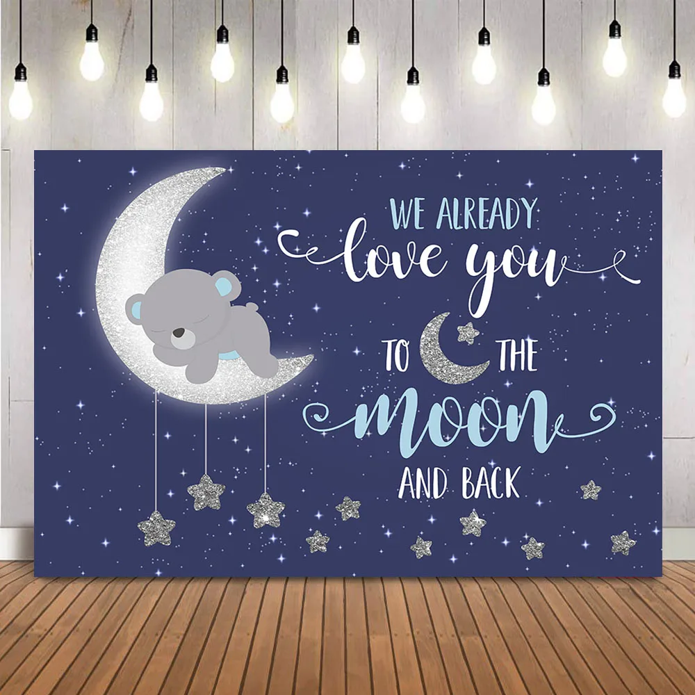 Bear Baby Shower Backdrop Dark Blue Sky Photo Background Love you to the moon and back Decorations Gender Neutral Baby Shower
Bear Baby Shower Backdrop Dark Blue Sky Photo Background Love you to the moon and back Decorations Gender Neutral Baby Shower