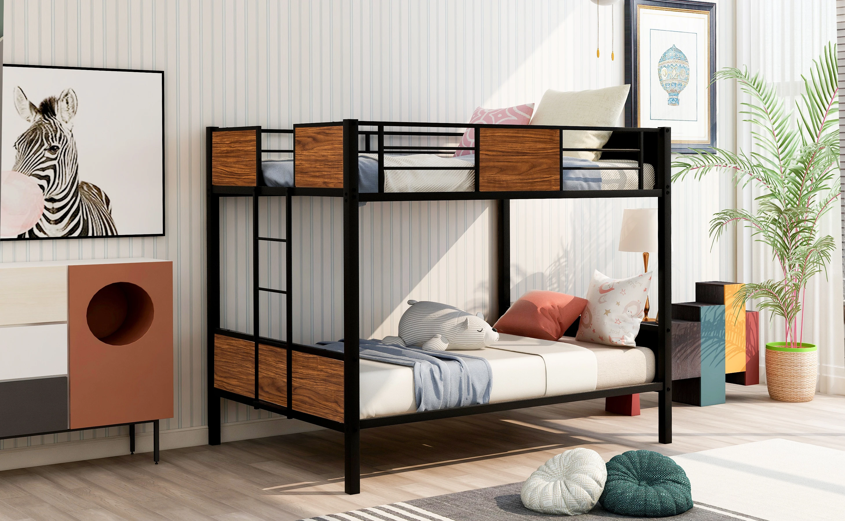 

Полноразмерная двухъярусная кровать в современном стиле, двухъярусная кровать со стальной рамой и безопасной рейкой, встроенная лестница для спальни
