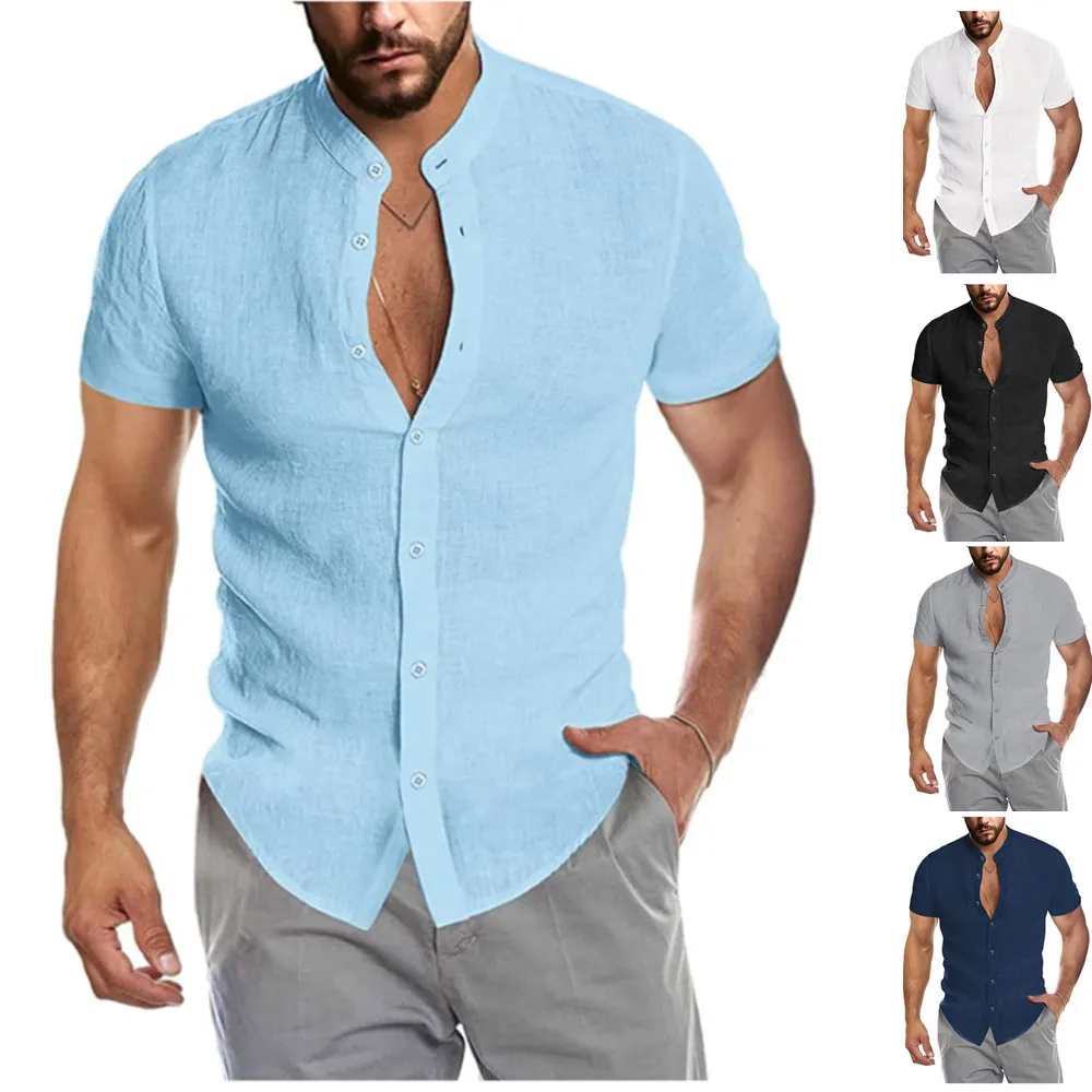Short-sleeved Men's Shirt 2022 Summer V-neck Linen Mens Polo Shirt New Cardigan Stand-collar Polo T Shirt for Men Street Wear 
Short-sleeved Men's Shirt 2022 Summer V-neck Linen Mens Polo Shirt New Cardigan Stand-collar Polo T Shirt for Men Street Wear