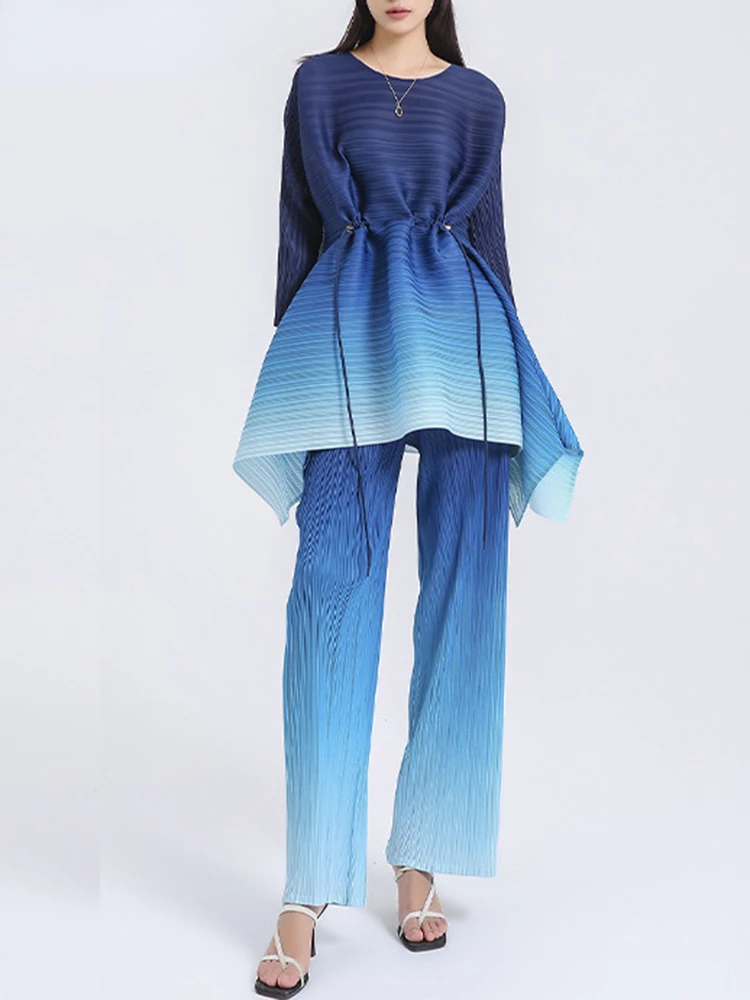 Miyake 2022 Fold Two Pieces Sets for Women Long Drawstring Asymmetrical Gradient Top Wide Leg Pants Female Loose Pleated Set New
Miyake 2022 Fold Two Pieces Sets for Women Long Drawstring Asymmetrical Gradient Top Wide Leg Pants Female Loose Pleated Set New