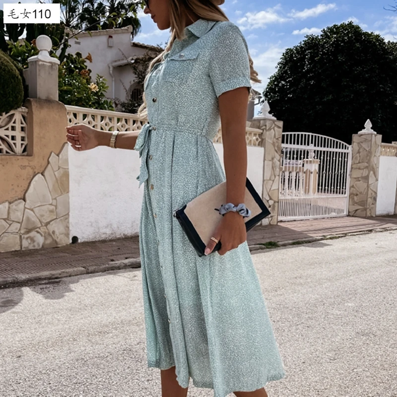 European and American Summer Vacation Style Small Floral Tight Waist Lace-up Belt Cardigan Mid-Length Short Sleeve Dresslong dre
European and American Summer Vacation Style Small Floral Tight Waist Lace-up Belt Cardigan Mid-Length Short Sleeve Dresslong dre