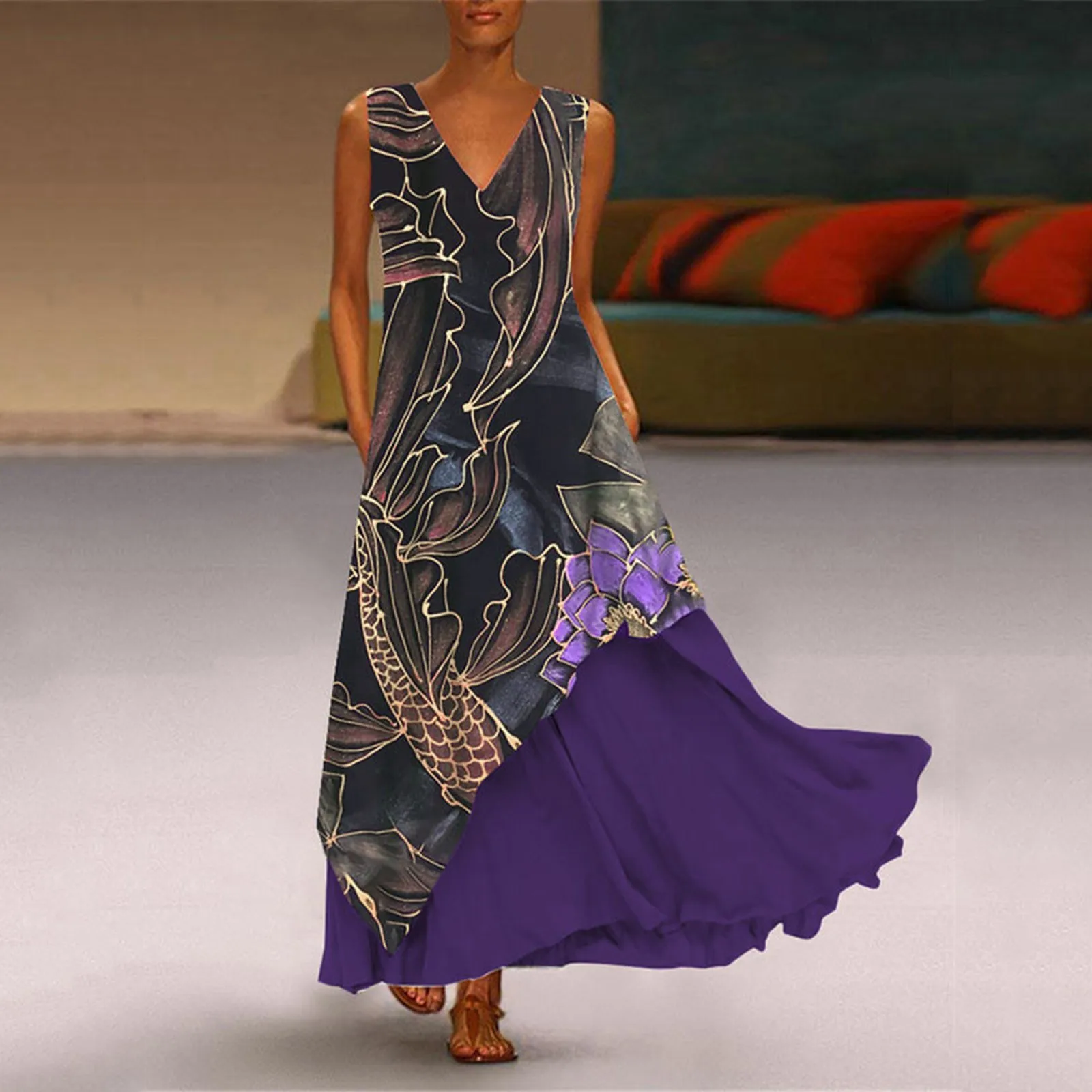Women Casual Dresses Boho Print Sleeveless Loose Pocket V-Neck Long Dress Chiffon Splice Irregular Dress Dresses for Women Tunic
Women Casual Dresses Boho Print Sleeveless Loose Pocket V-Neck Long Dress Chiffon Splice Irregular Dress Dresses for Women Tunic