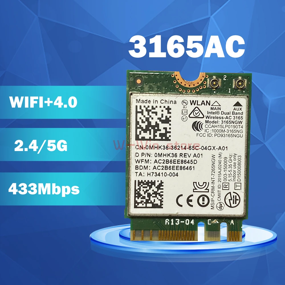 3165AC Dual Band 3165NGW NGFF For Intel 3165NGW M.2 802.11ac WiFi 433Mbps WLAN Card+BT 4.0 2.4G/5Ghz Network