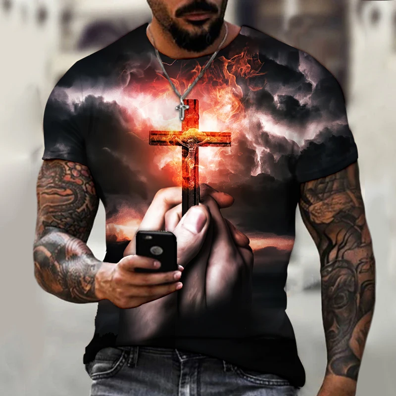 

Футболка с 3D принтом Иисуса Христа, Креста, модная мужская и женская крутая Летняя Повседневная футболка с изображением бога, верующего религии, одежда с короткими рукавами
