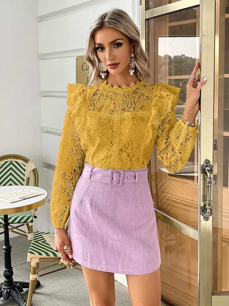 

Simplee Elegant Yellow Lace Blouse Women Sexy Hollow Out Long Sleeves Ruffle T-shirt Office Lady ButtonS Casual Streetwear Tops