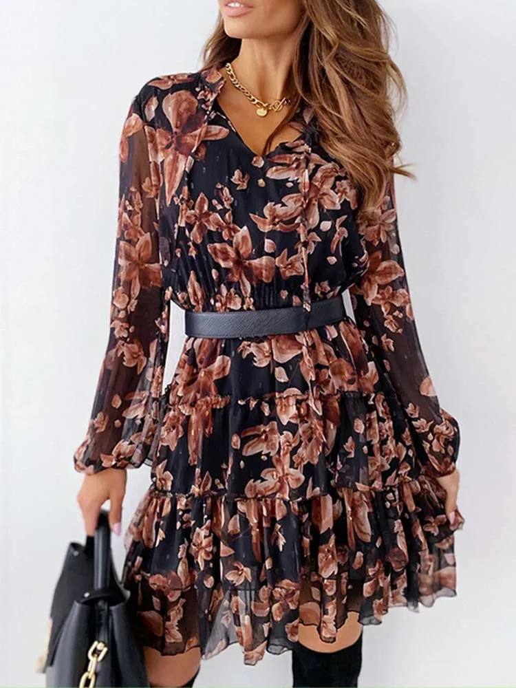 Trendeez Floral Print V-neck Lantern Sleeve Chiffon Ruffle Hem Knee-length Elegant Summer Vacation Dress 2022 
Trendeez Floral Print V-neck Lantern Sleeve Chiffon Ruffle Hem Knee-length Elegant Summer Vacation Dress 2022