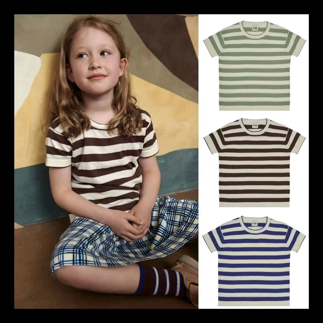 

Children's T-shirt Ins2023 Spring New FU Series Summer Boys and Girls Organic Cotton Knitted Striped Short-sleeved T-shirt