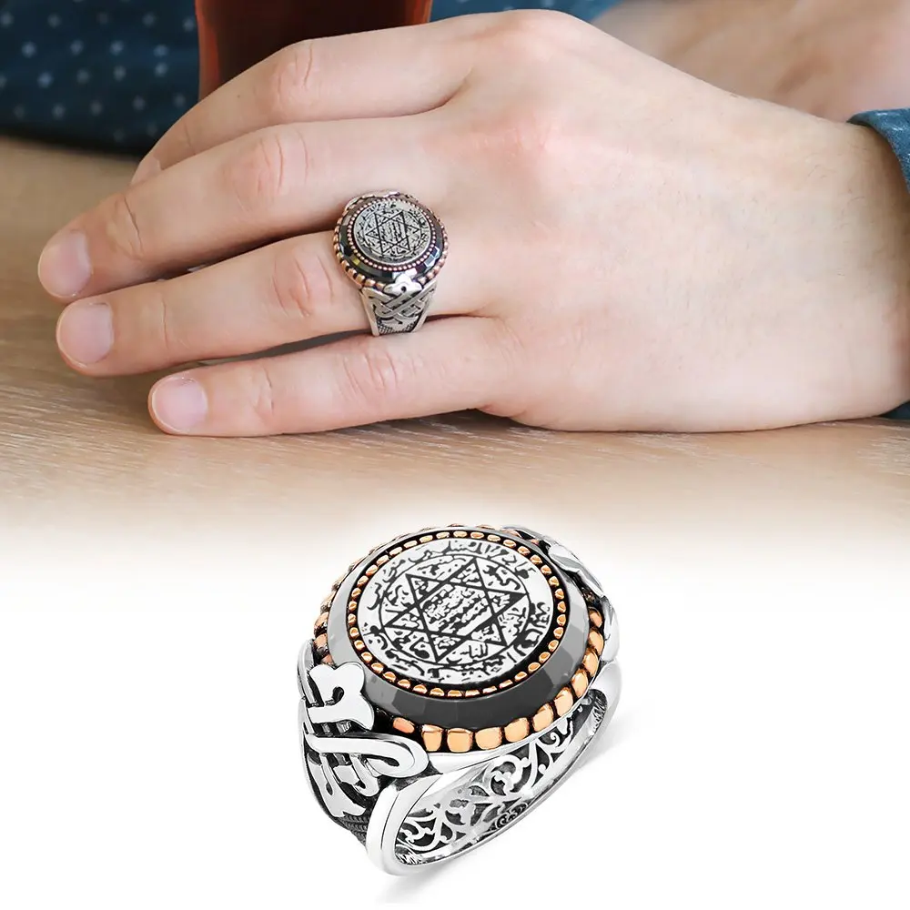 Tesbihane Solomon Seal мотив камень циркония чорный 925 пробы Серебряное мужское кольцо |