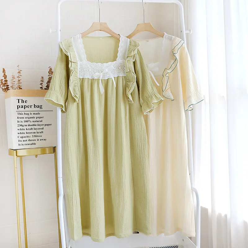 Washed Cotton Double Layer Gauze Crepe Solid Color Nightdress Ladies Nightgown Lace Pullover Women Thin Breathable Square Collar
Washed Cotton Double Layer Gauze Crepe Solid Color Nightdress Ladies Nightgown Lace Pullover Women Thin Breathable Square Collar