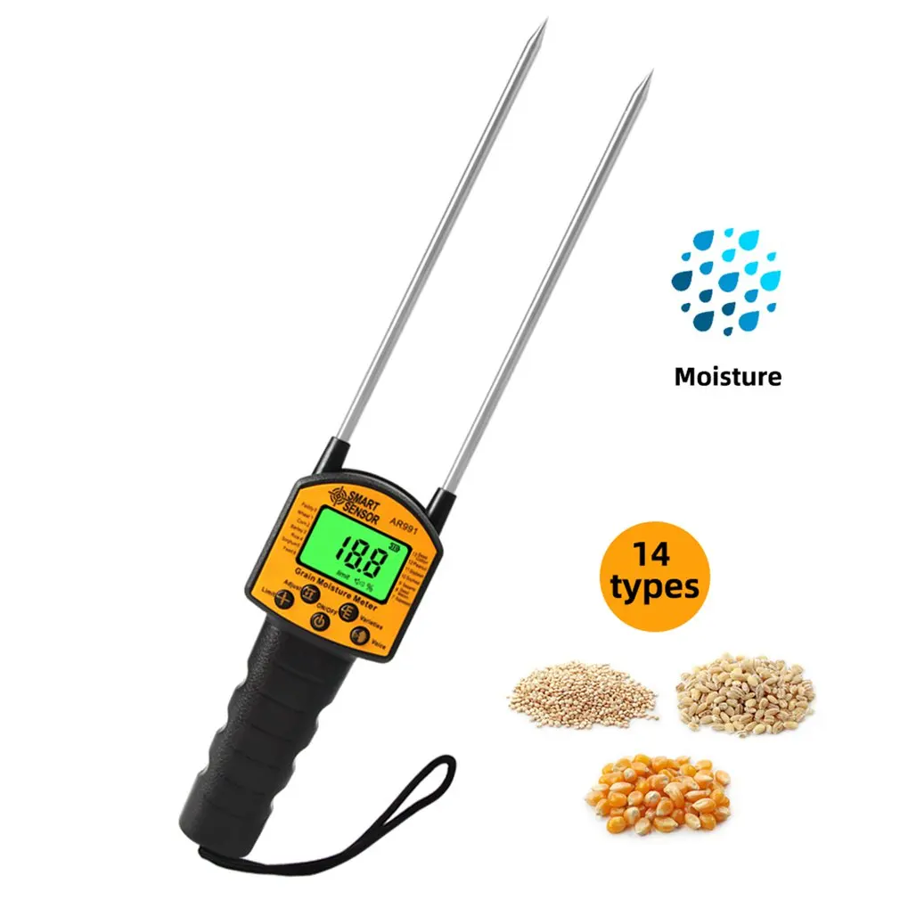 

Измеритель влажности зерна, цифровой измеритель влажности, умный датчик AR991 для кукурузы, пшеницы, риса, бобы, пшеничной муки, корма, рапсы, см.