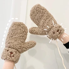 Cute Bear Plush Fur Gloves Imitation Lamb Wool Soft Glove Women Winter Warm Thicken All Fingers Mittens Girls Warmer Hand Guards