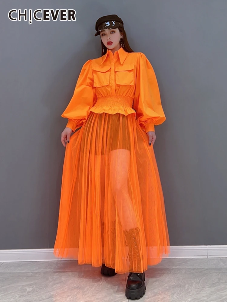 CHICEVER Plain Dress For Women Lapel Lantern Sleeve Patchwork Mesh High Waist Pocket Temperament Long Dresses Female 2022 Spring
CHICEVER Plain Dress For Women Lapel Lantern Sleeve Patchwork Mesh High Waist Pocket Temperament Long Dresses Female 2022 Spring