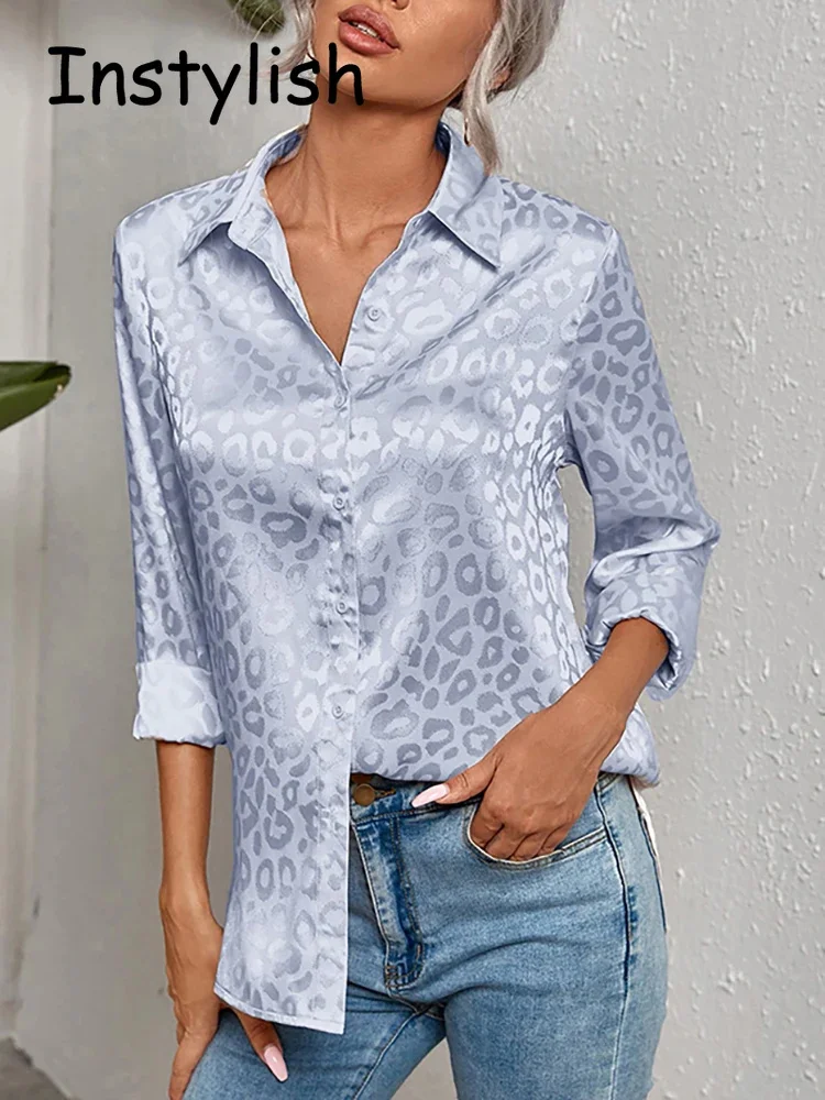 

Блузка Женская атласная с длинным рукавом, роскошная винтажная рубашка с леопардовым принтом, офисный Топ в стиле Харадзюку, с застежкой на пуговицах, весна-лето