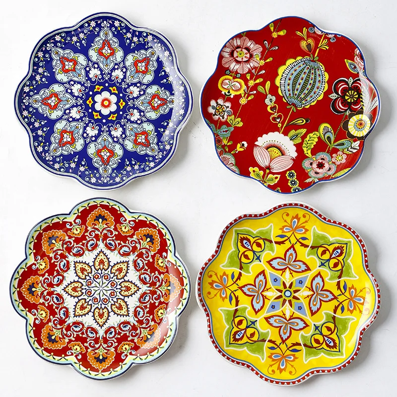 

Placa de cerâmica casa criativa café da manhã utensílios de mesa americano placa em forma de flor decoração em esmalte irregular