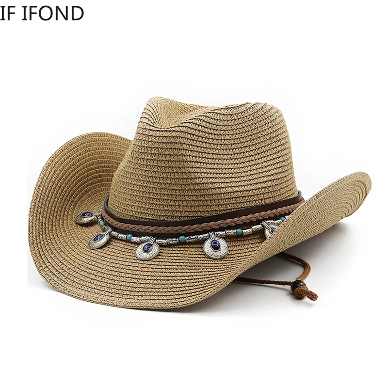 

Natural Straw Western Cowboy Hat For Women Men Summer Curling Brim Beach Sun Protection Hats Panama Jazz Cap Sombrero Hombre
