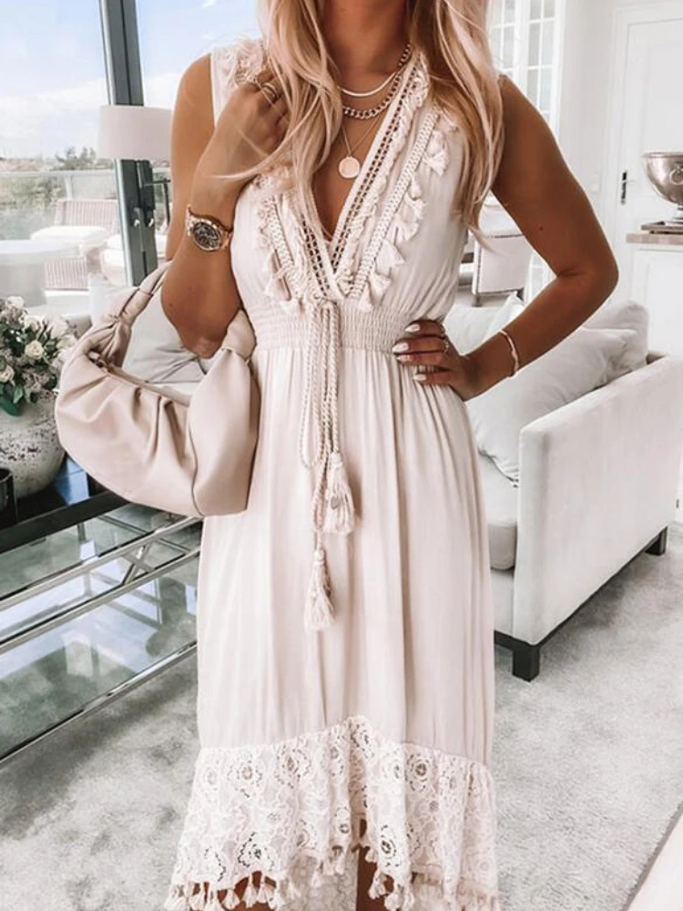 Ladies Casual Lace Patchwork Sleeveless Maxi Dress Summer Spaghetti Strap V Neck Tassel Beach Dresses for Women Party Vestidos
Ladies Casual Lace Patchwork Sleeveless Maxi Dress Summer Spaghetti Strap V Neck Tassel Beach Dresses for Women Party Vestidos
