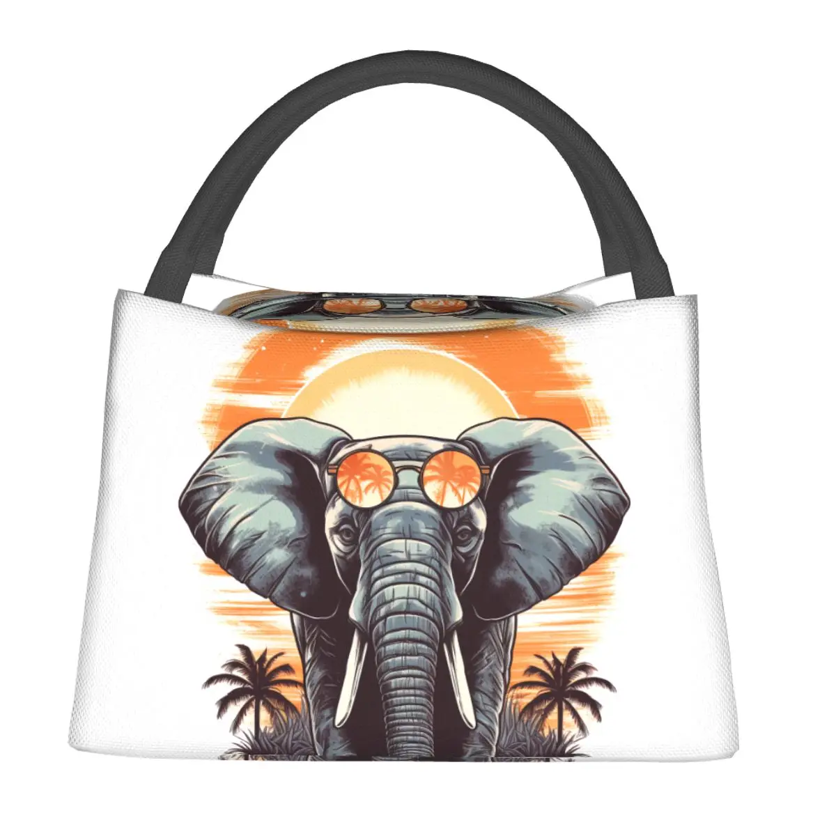 

Elephant Lunch Bag Sunset Animals With Sunglasses Picnic Lunch Box For Men Retro Print Tote Handbags Oxford Portable Cooler Bag