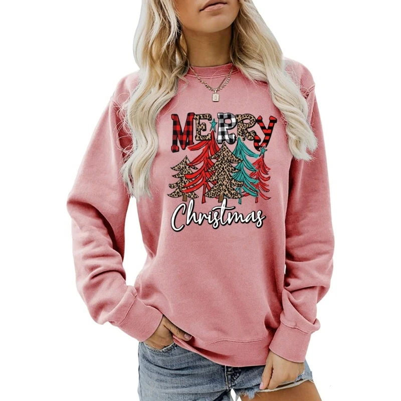 

Women Merry Christmas Funny Sweatshirt Long Sleeve Leopard Tree Graphic Crewneck Casual Pullover Top Holiday Shirts DropShip