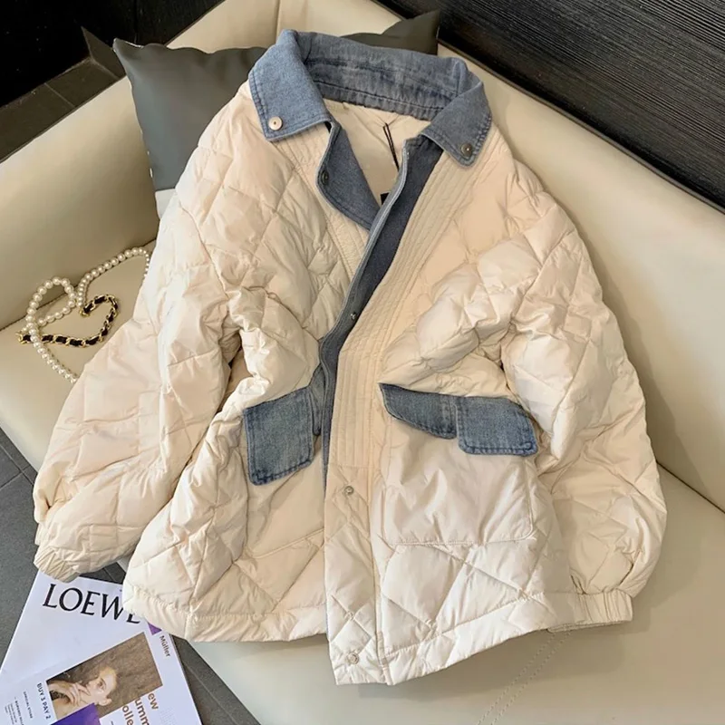 

Women Denim Stitching Down Jacket 2022 Fashion Patchwork Loose Oversize Warm Puffer Coats Female Fake Two Rhombus Winter Coat