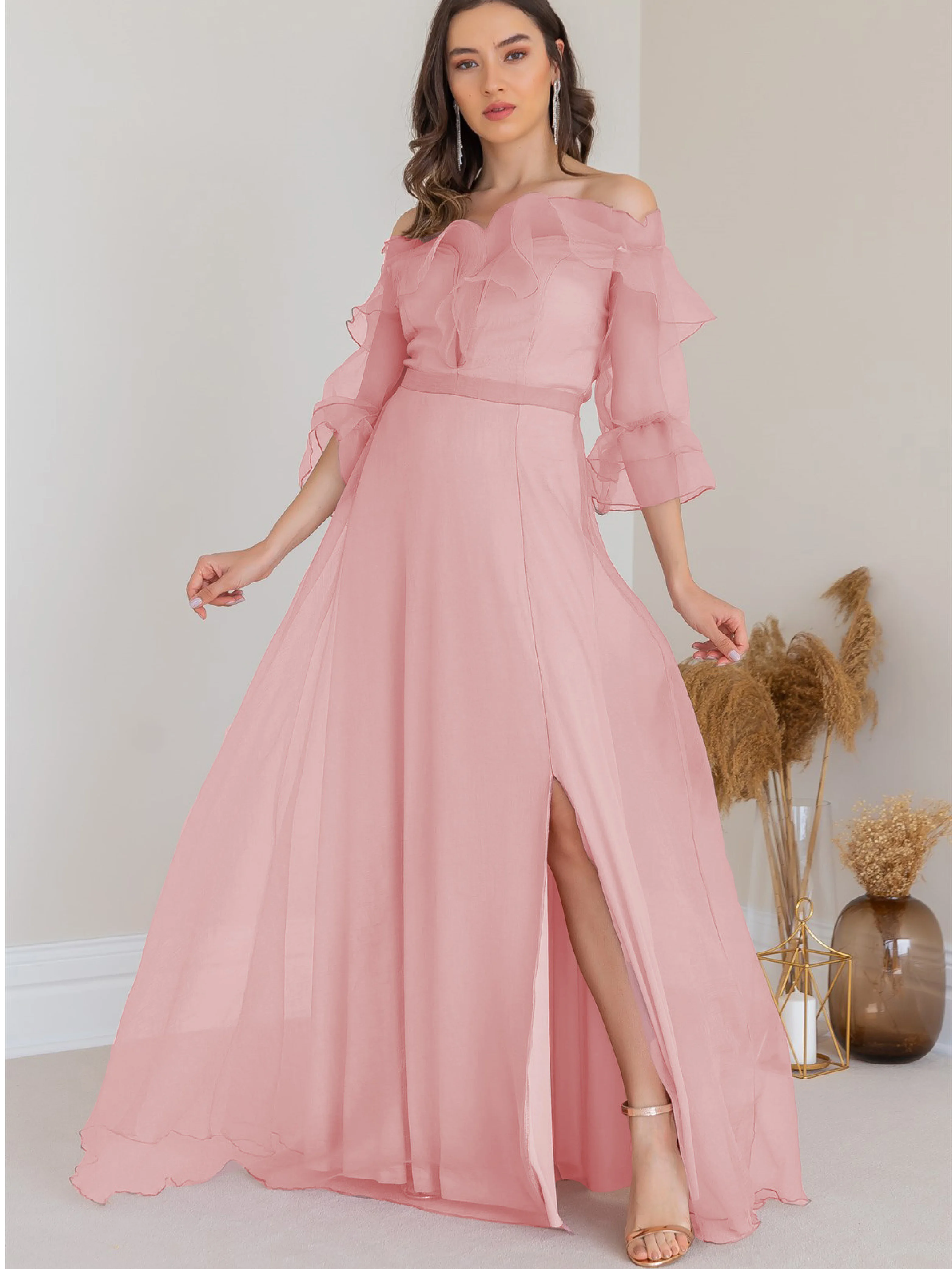 

Pink Off The Shoulder Ruffles Bridesmaid Dreses for Women Wedding Party Robes De Cocktail Prom Gown Elegant Vestidos De Fiesta