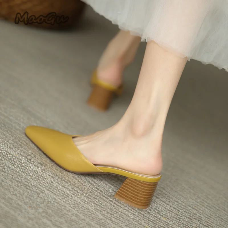 

Летние женские полутапочки Baotou, новинка 2023, однотонная женская обувь без застежек с квадратным носком на толстом высоком каблуке, женские туфли-мюли