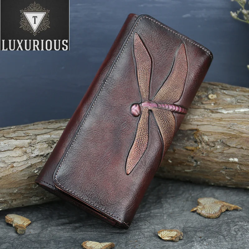 

High Quality Genuine Leather Women Clutch Purse ID/Credit Card Cash Holder Dragonfly Pattern Retro Cowhide Money Long Wallets