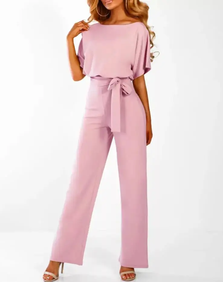 

Women Jumpsuits Rompers Summer Round Neck Batwing Sleeve Keyhole Back Belted Jumpsuit Short Sleeve Wide Leg Loose Jumpsuit