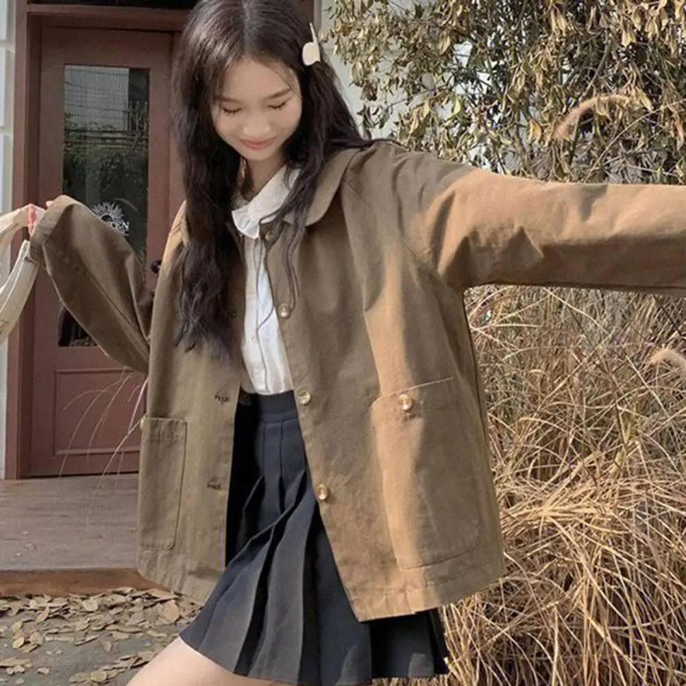 Stylish Women Jacket Chic Korean-inspired Doll Collar Coat with Big Pockets Loose-fit Single-breasted for Spring Autumn Single
Stylish Women Jacket Chic Korean-inspired Doll Collar Coat with Big Pockets Loose-fit Single-breasted for Spring Autumn Single