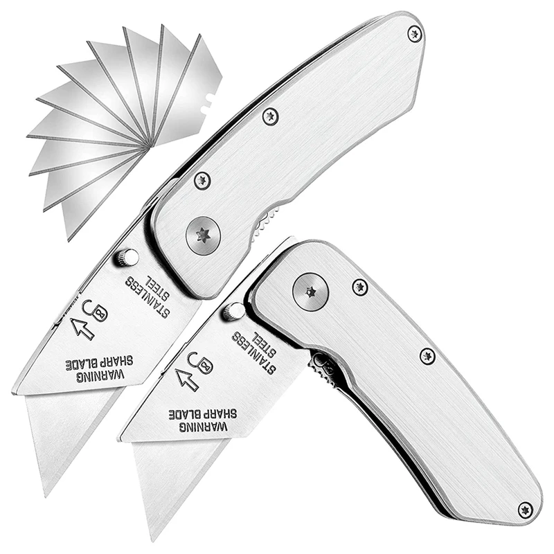 Utility Knife Box Cutter Knife 2 Pack Stainless Steel Folding Knife with Extra 20 Piece High-Strength Razor Blades
Utility Knife Box Cutter Knife 2 Pack Stainless Steel Folding Knife with Extra 20 Piece High-Strength Razor Blades