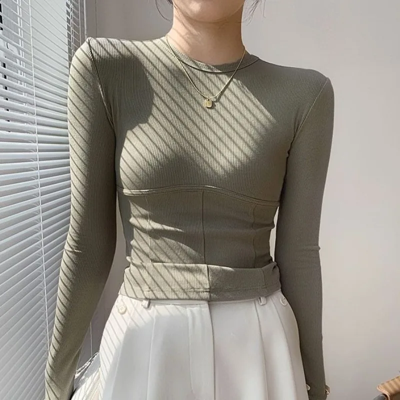 

Облегающие корейские модные женские футболки с длинным рукавом Harajuku Базовые Женские однотонные осенние Элегантные повседневные укороченные топы с круглым вырезом