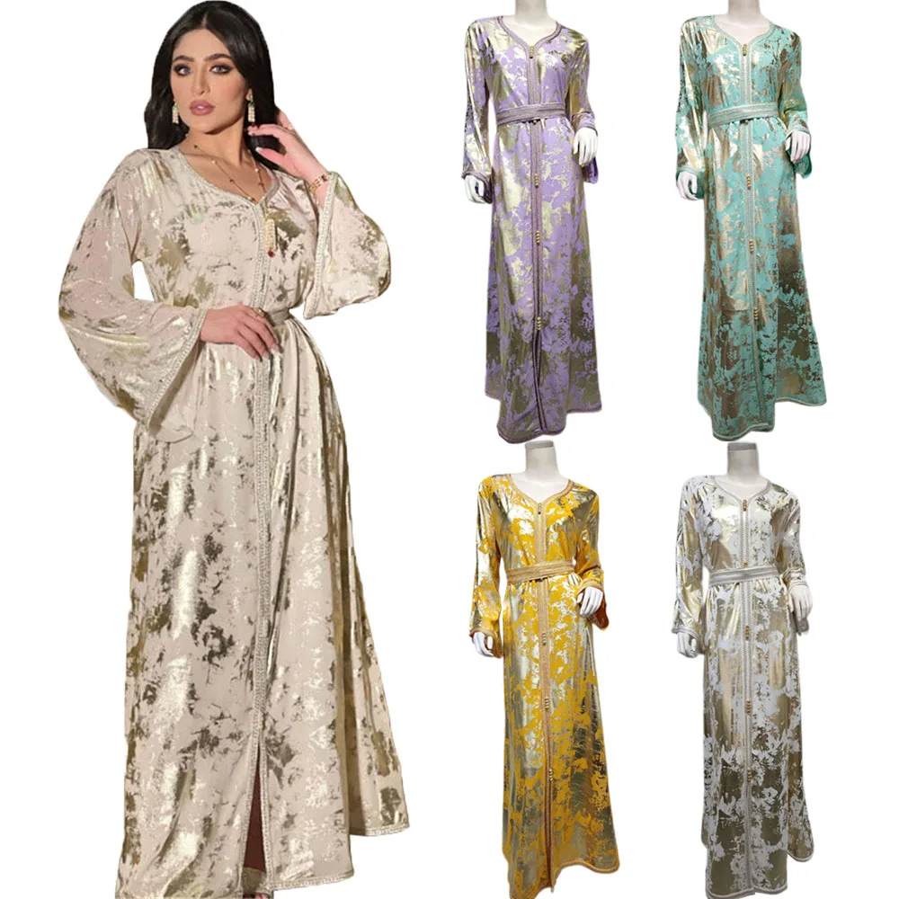 

Turkey Abaya Women Muslim Gold Stamping Gulf Fashion Maxi Dress Kaftan Arab Dubai Evening Party Eid Islamic Gown Jalabiya Belted