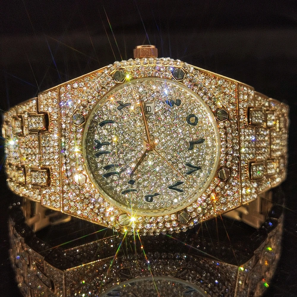 

MISSFOX Arabic Numerals Man Watches Rose Gold Quartz Full Diamond Luxury Wristwatch Men Relógio Masculino Hiphop