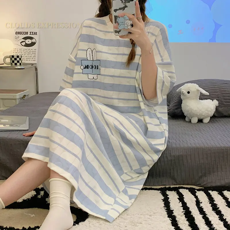 Summer Knitted Cotton Jacquard Kawaii Girls Striped Sleep Dress Women Nightgowns Nighttie Sleepshirts Lady Dresses Home Fashion
Summer Knitted Cotton Jacquard Kawaii Girls Striped Sleep Dress Women Nightgowns Nighttie Sleepshirts Lady Dresses Home Fashion