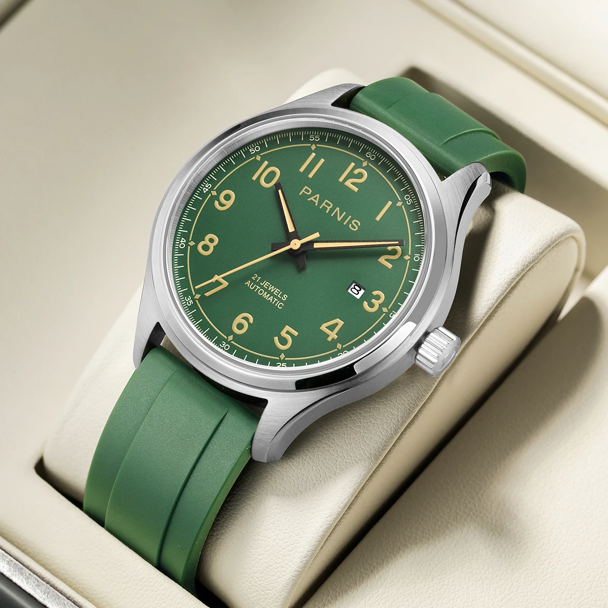 

New Arrival Parnis 43mm Green Dial Men's Automatic Mechanical Watches Calendar Sapphire Glass Wristwatch reloj hombre Gift Clock