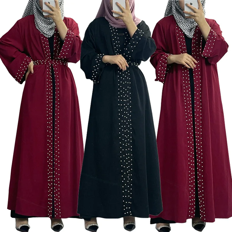 

Latest Muslim Abayas for Women Islamic Fashion Pearls Kimono Robe Modest Dress Long Elegant Cardigans Clothing Front Open Abaya