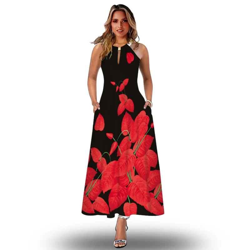 Woman Summer Dress Sexy Halter Sleeveless Casual Beach Holiday Party Robe Vestidos Elegant Leaf Printing Black Maxi Dresses
Woman Summer Dress Sexy Halter Sleeveless Casual Beach Holiday Party Robe Vestidos Elegant Leaf Printing Black Maxi Dresses