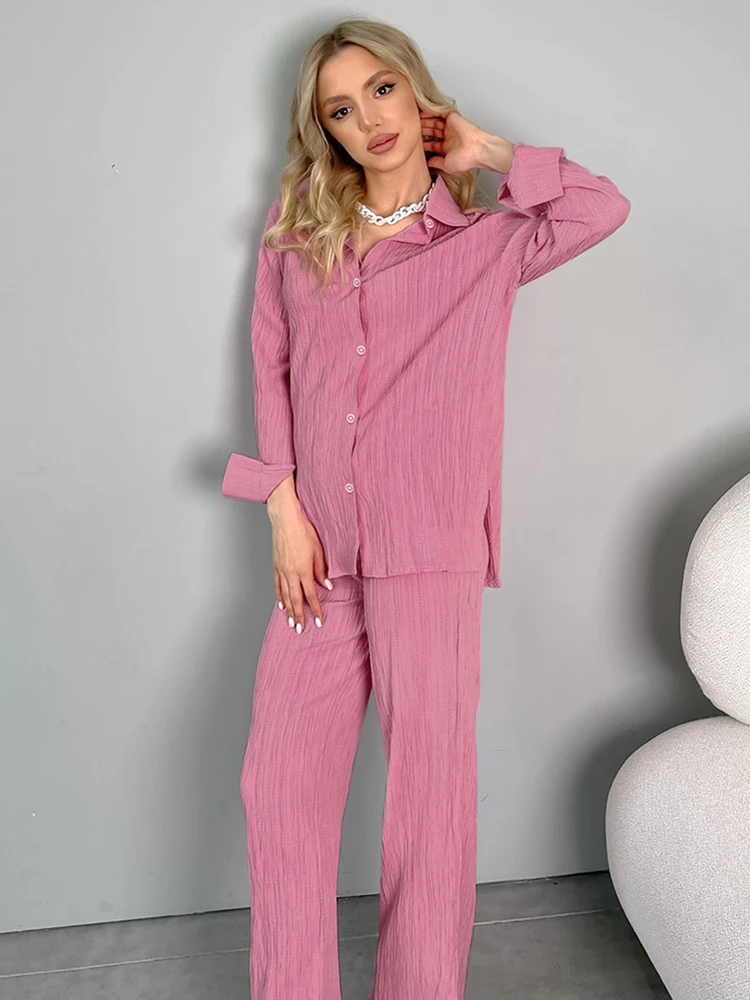 Linad Wrinkle Women's Pajamas Set Long Sleeve Turn Down Collar 2 Piece Sets Sleepwear Female Trouser Suits Summer Casual 2022
Linad Wrinkle Women's Pajamas Set Long Sleeve Turn Down Collar 2 Piece Sets Sleepwear Female Trouser Suits Summer Casual 2022
