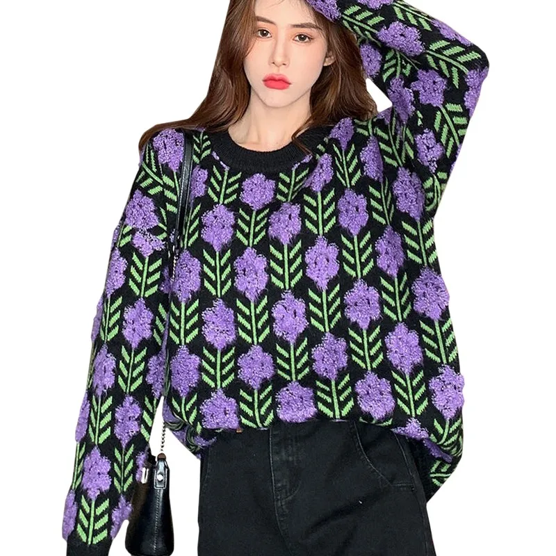 

Purple Lavender Jacquard Women Sweater Fashion Trends Loose Long Sleeve Y2k Lady Knitwear Harajuku Eur-us Pullover Female 2022