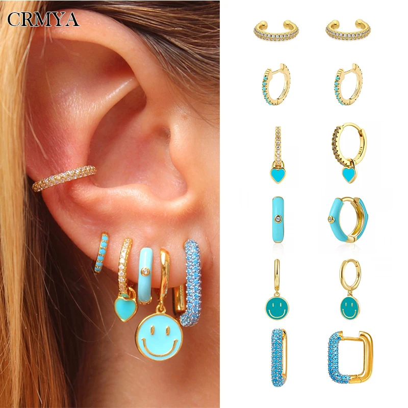 

CRMYA Gold Silver Filled Hoop Drop Earrings Set for Women Blue CZ Zircon Enamel Smile Dangle Earrings 2022 Jewelry Wholesale