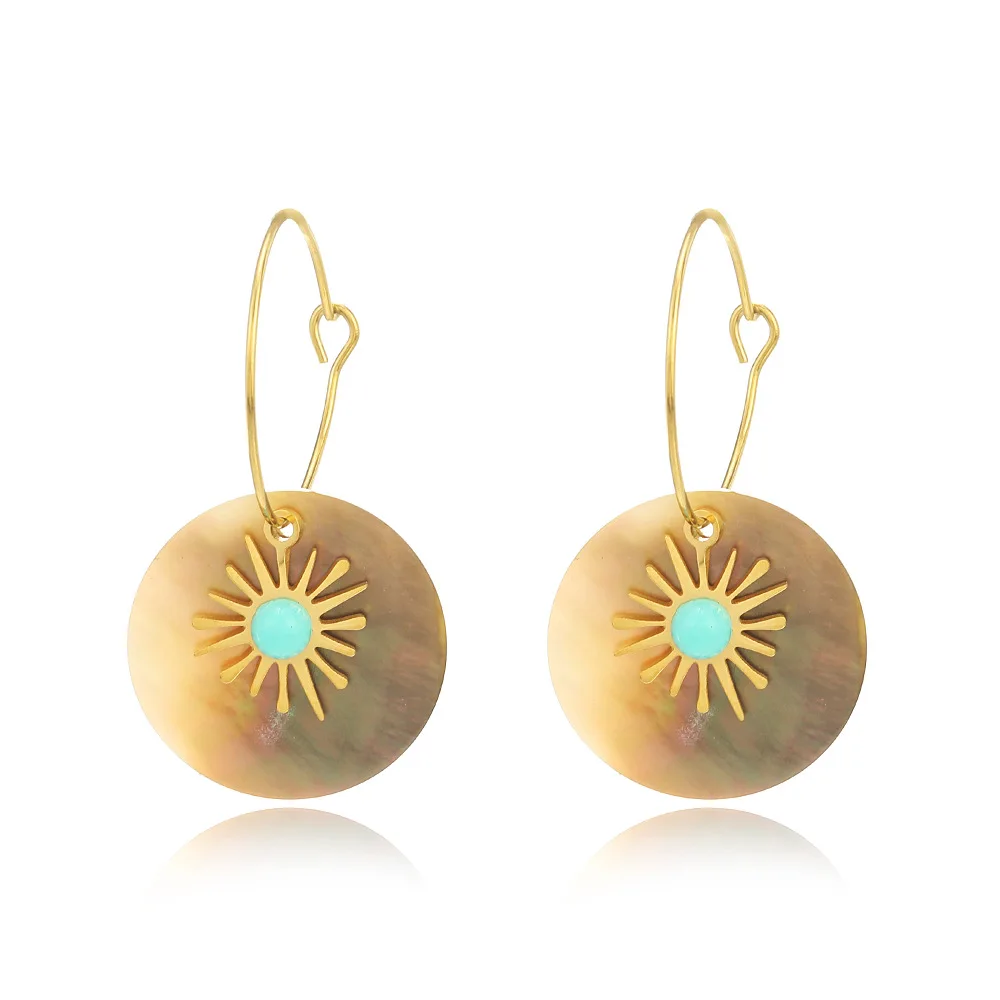 Steel Geometric Round Shell Earrings Personalized Gold Plated Titanium Stainless Steel Imitation Turquoise Sun Hoop Earrings
Steel Geometric Round Shell Earrings Personalized Gold Plated Titanium Stainless Steel Imitation Turquoise Sun Hoop Earrings