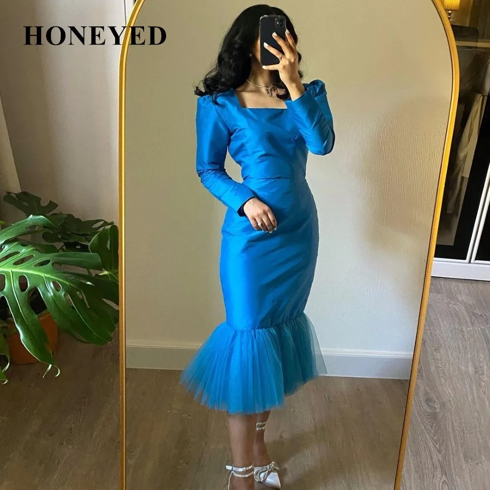 

Простое синее платье Honeyed 2023 без бретелек, короткое платье для выпускного вечера, женские платья с длинным рукавом, атласное Тюлевое строгое событие