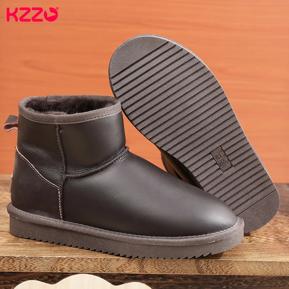 

KZZO Men Waterproof Genuine Leather Snow Boots Australian Classic Ankle Winter Natural Wool Lined Casual Warm Shoes Non-slip