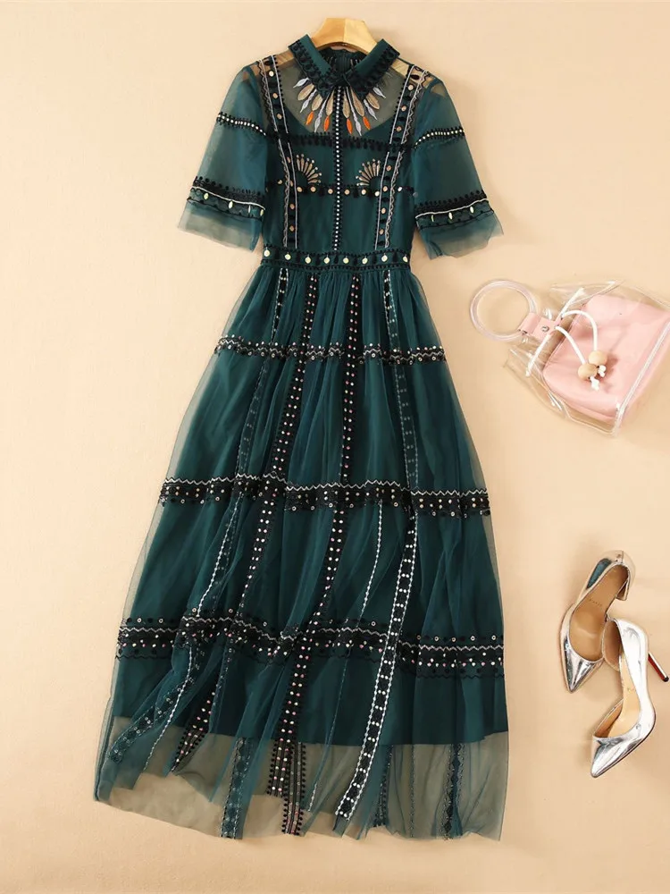 Summer Runway Green Mesh Embroidery Dress Women's Short Sleeve Vintage Dot Embroidered Tulles Elegant Evening Party Long Vestido
Summer Runway Green Mesh Embroidery Dress Women's Short Sleeve Vintage Dot Embroidered Tulles Elegant Evening Party Long Vestido