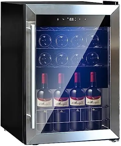 

Wine Cooler Refrigerator 15 Inch Under Counter, 31 Bottle Wine And Beverage Fridge Small Built In Cabinet Wine Cellar, Bar LED